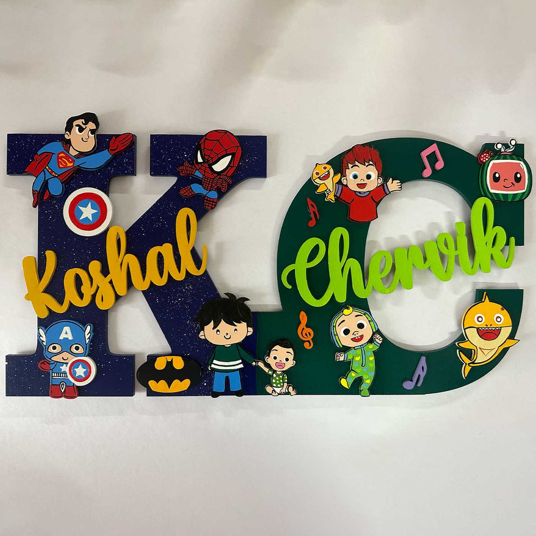 10 inch | Personalized Hand-painted Superhero & Cocomelon Siblings Adventure MDF Wood Monogram With 3D Letters