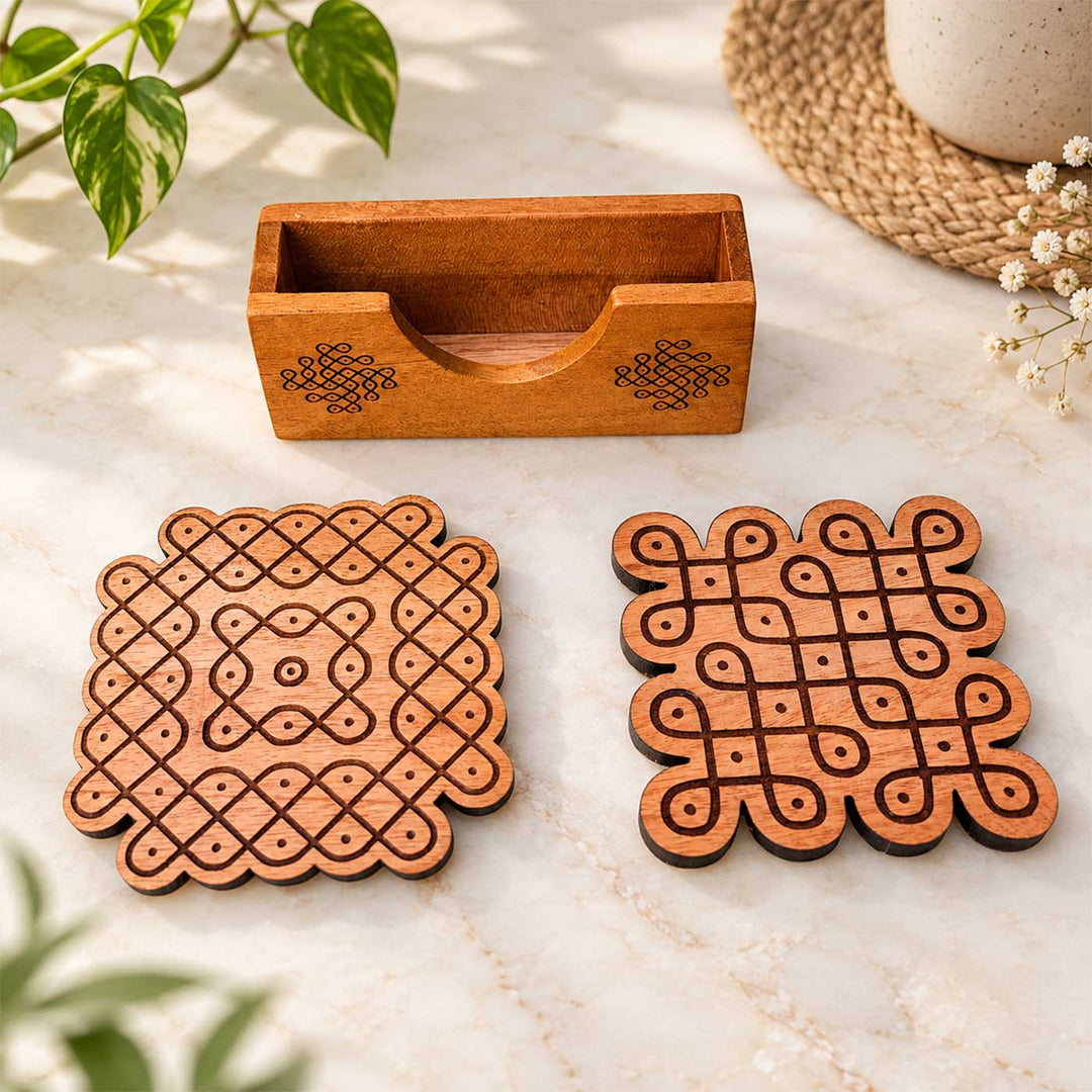 2 pc | Engraved Mahogany Wood Square Kolam Coasters With Holder For Coffee Table & Dining Decor
