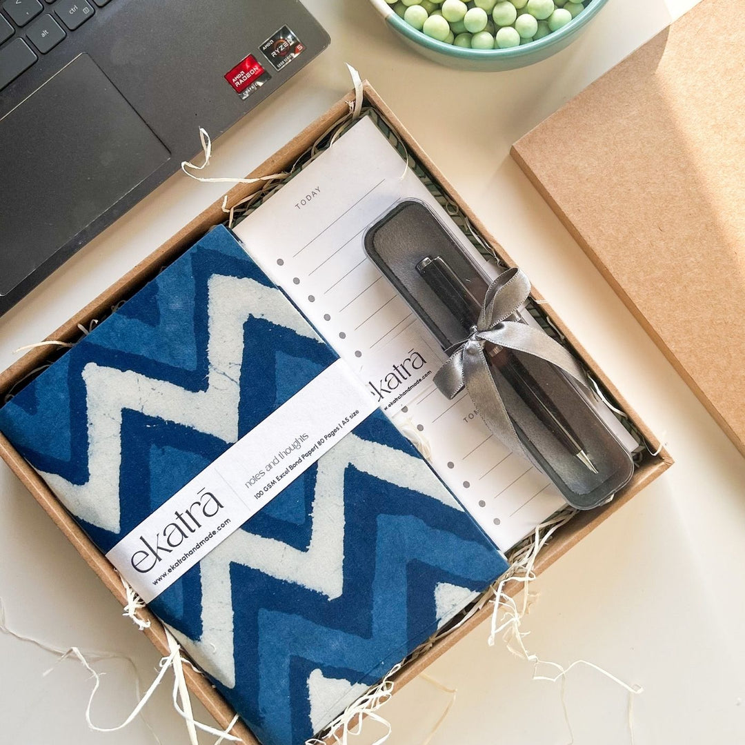 Sustainable Handmade Blue Chevron Productivity Stationary Hamper