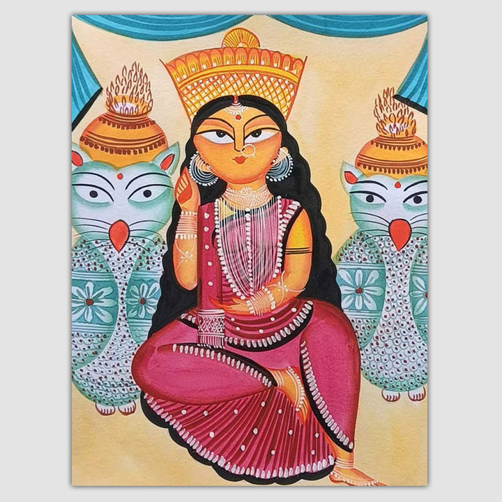 11 x 14 Inch | Lakshmi With Owls | Original Hand Painted Kalighat Painting | Natural Pigment On Paper