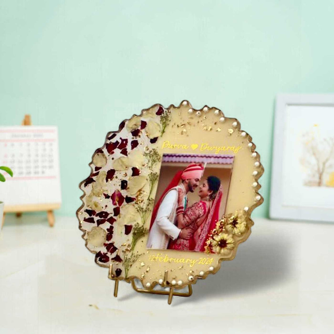 Photo Personalized Preserved Flower Round White & Gold Resin Wedding Plaque With Stand