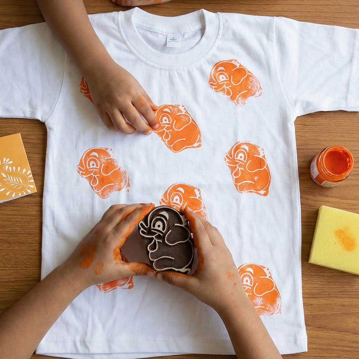 Elephant Design T-shirt Block Print DIY Kit | 1 White Cotton T-shirt, 1 Fabric Paint And 1 Wooden Block