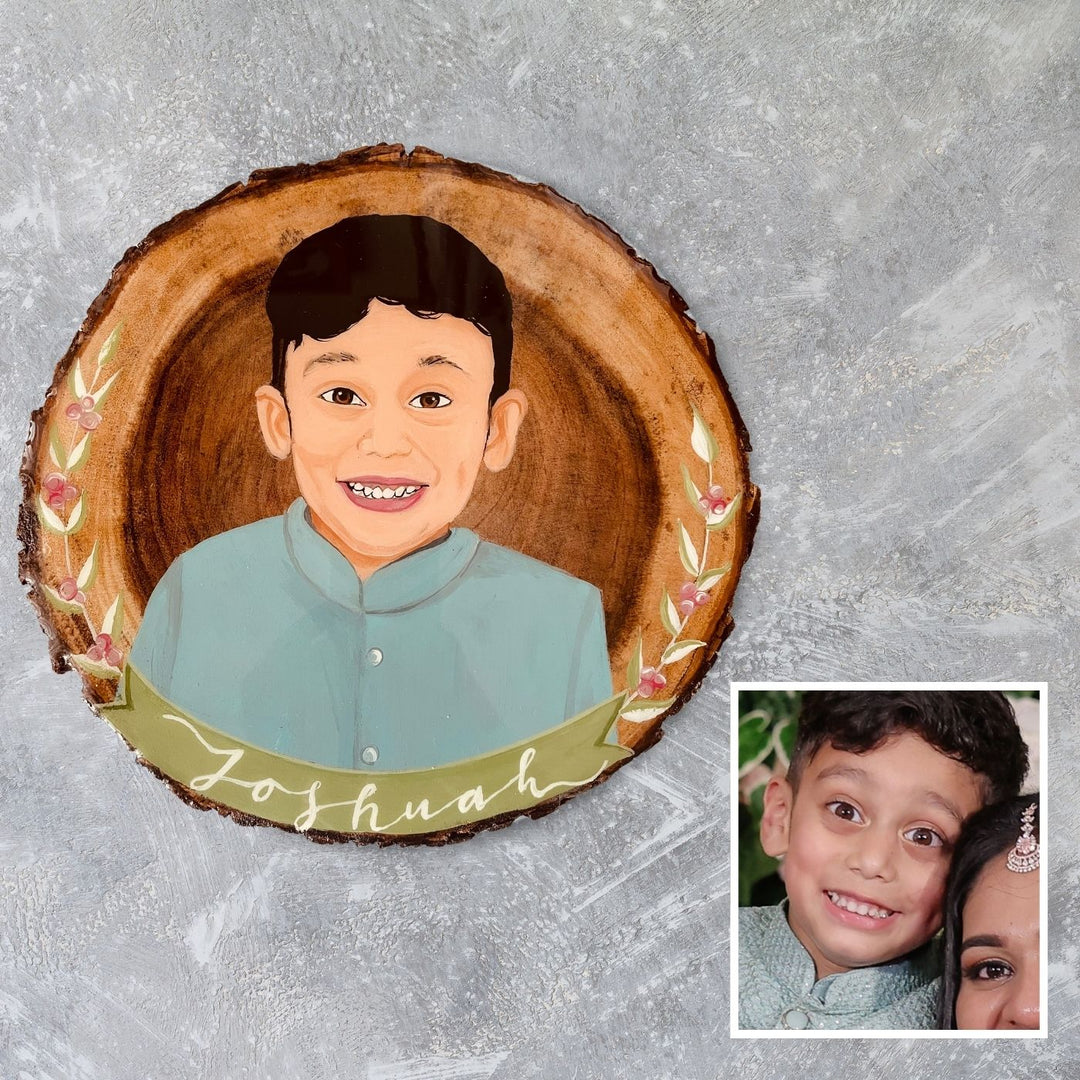 Photo Caricature Wooden Bark Name Plate with Stand