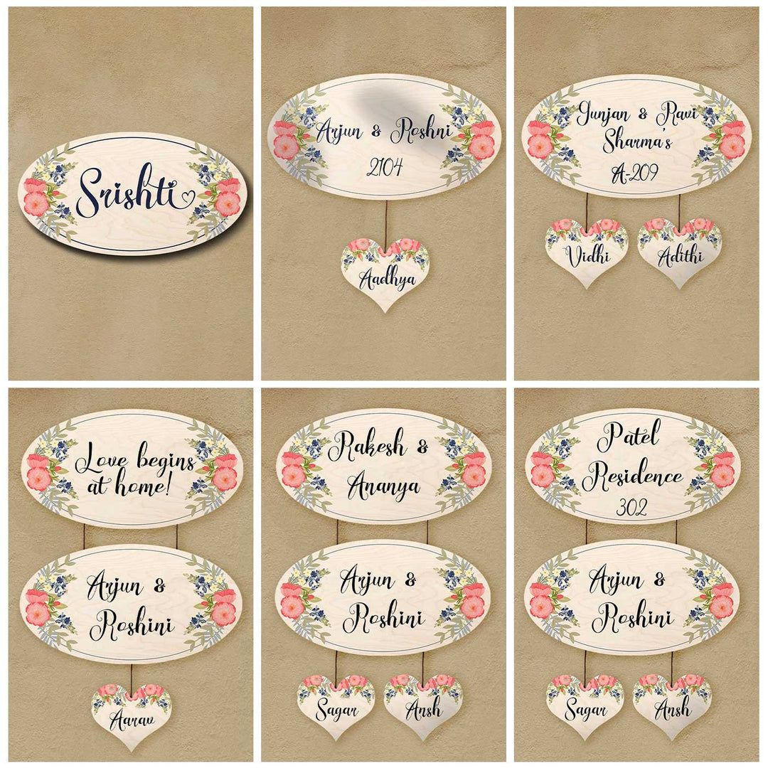 Printed White Floral Wooden Oval Nameplate For Family