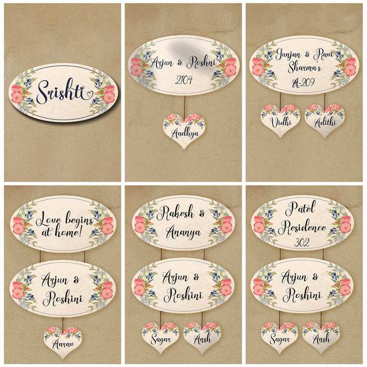 Printed White Floral Wooden Oval Nameplate For Family