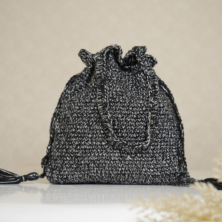 Handmade Crochet Black & Silver Potli