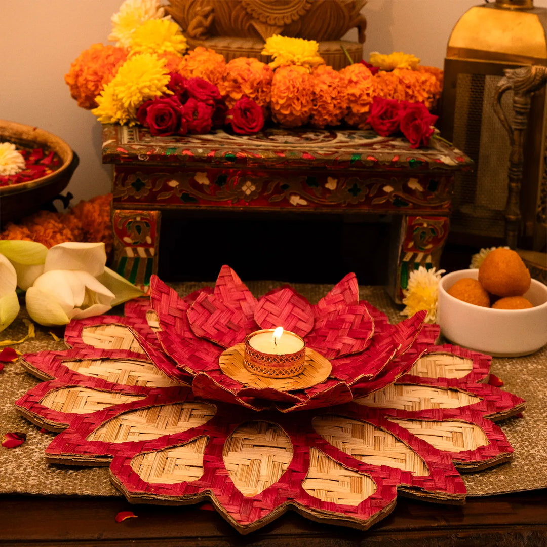 Rangoli Lotus Eco-Friendly Handmade Woven Bamboo Tealight Holder