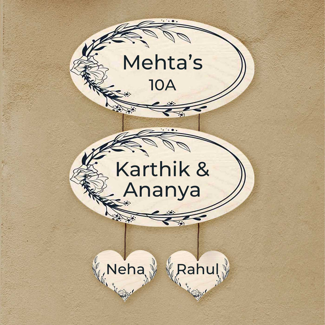 Printed Floral Wooden Oval Nameplate For Couples