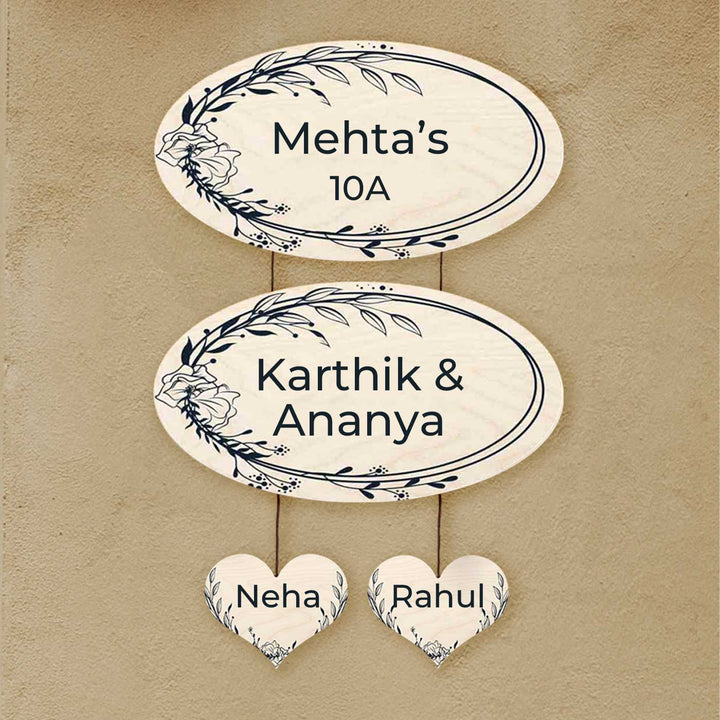 Printed Floral Wooden Oval Nameplate For Couples