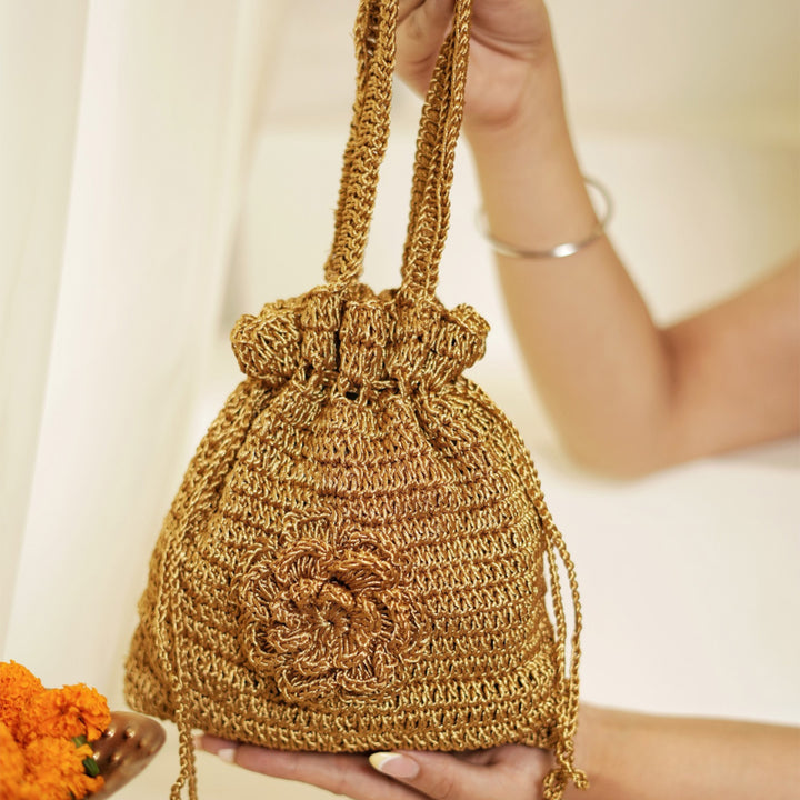 Handmade Crochet Golden Marigold Potli