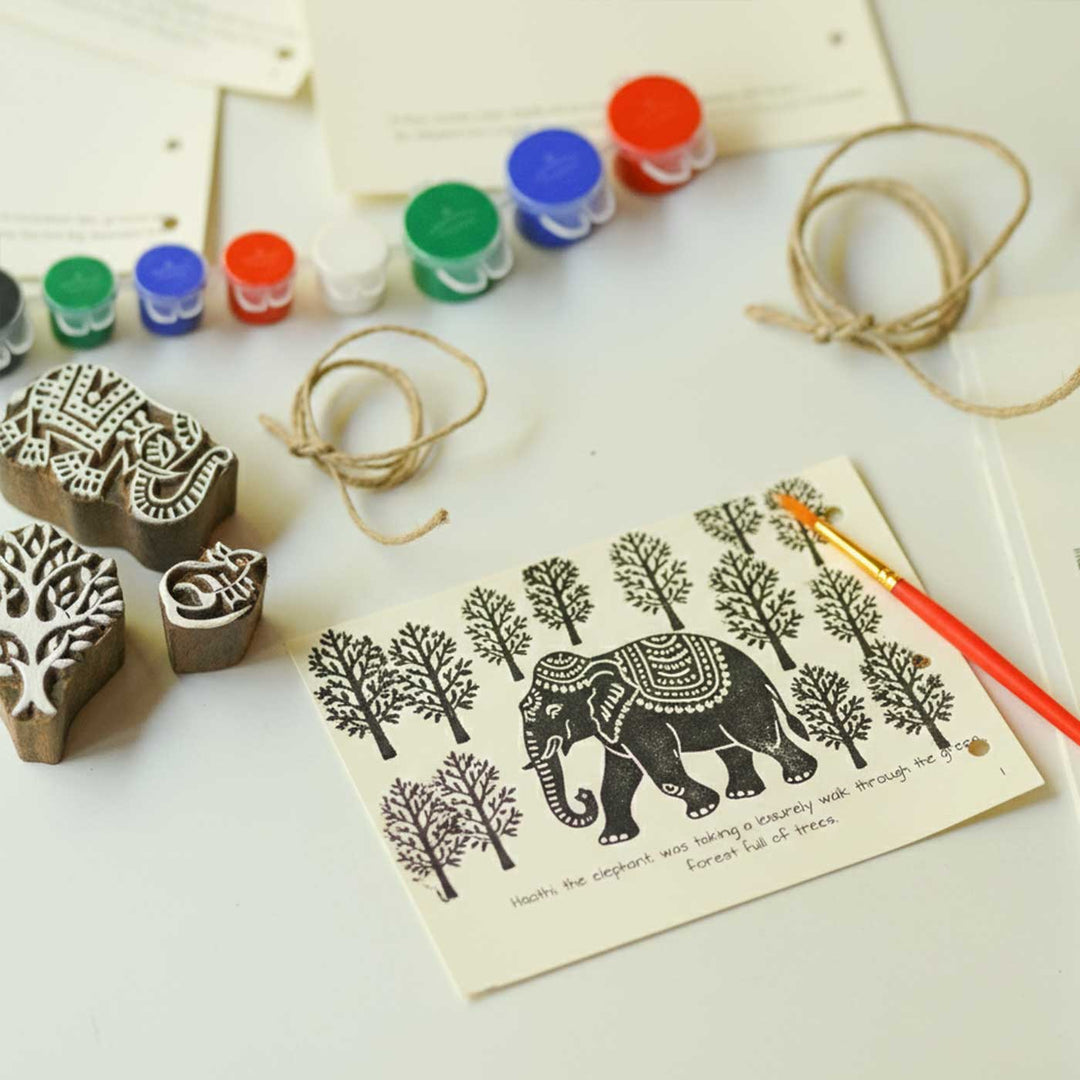 The Mighty Elephant And The Tiny Mouse Panchatantra Block Printing DIY Kit | 5 Stamps, Poster Colours, Painting Brush, Printing Pads, Story Cards  And Jute String