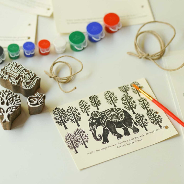 The Mighty Elephant And The Tiny Mouse Panchatantra Block Printing DIY Kit | 5 Stamps, Poster Colours, Painting Brush, Printing Pads, Story Cards  And Jute String