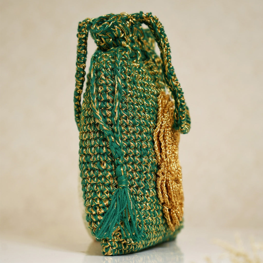 Handmade Crochet Emerald & Golden Potli