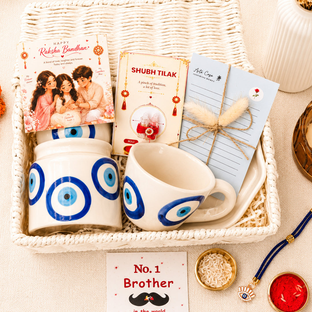 Evil Eye "Blue Protection" Ceramic Rakhi Set Hamper With Mug, Jar & Basket For Bhaiya Bhabhi
