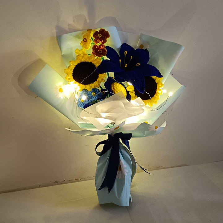 Handmade Crochet Van Gogh's Starry Night Theme Flower Bouquet With Lights