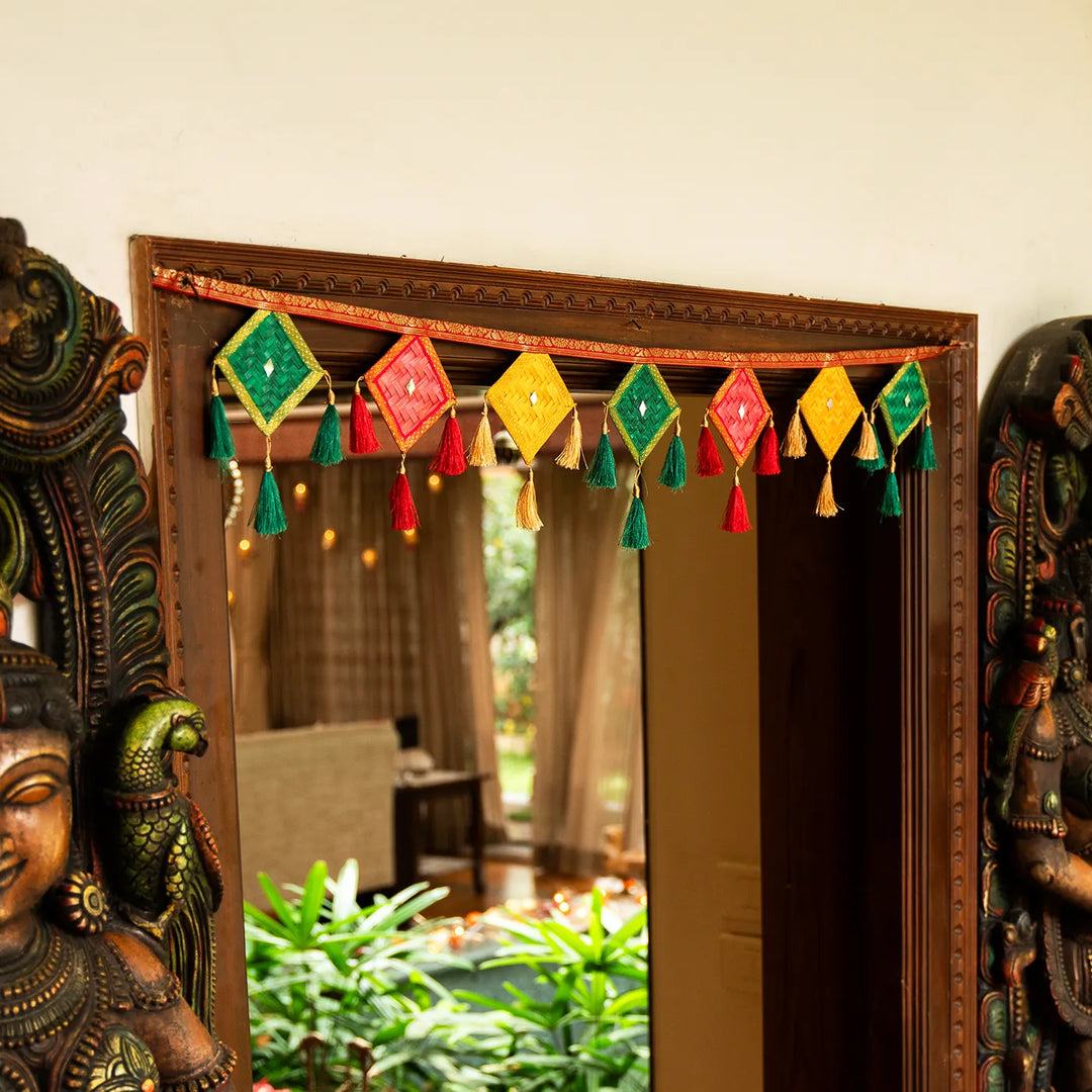 Multicoloured Kite Shaped Eco-Friendly Handmade Woven Bamboo Toran | 41 Inch x 7 Inch