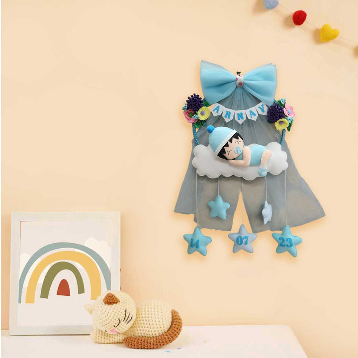 Personalized Cloud Theme Felt Kids Name Plate With Light For Boys
