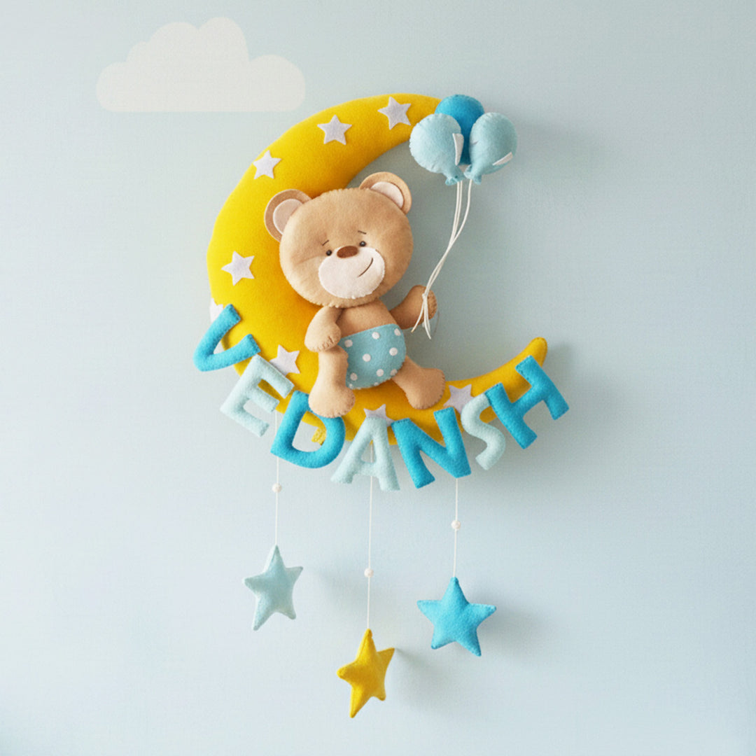 Hand-stitched Teddy Themed Felt Moon Nameplate with Birthdate For Kids