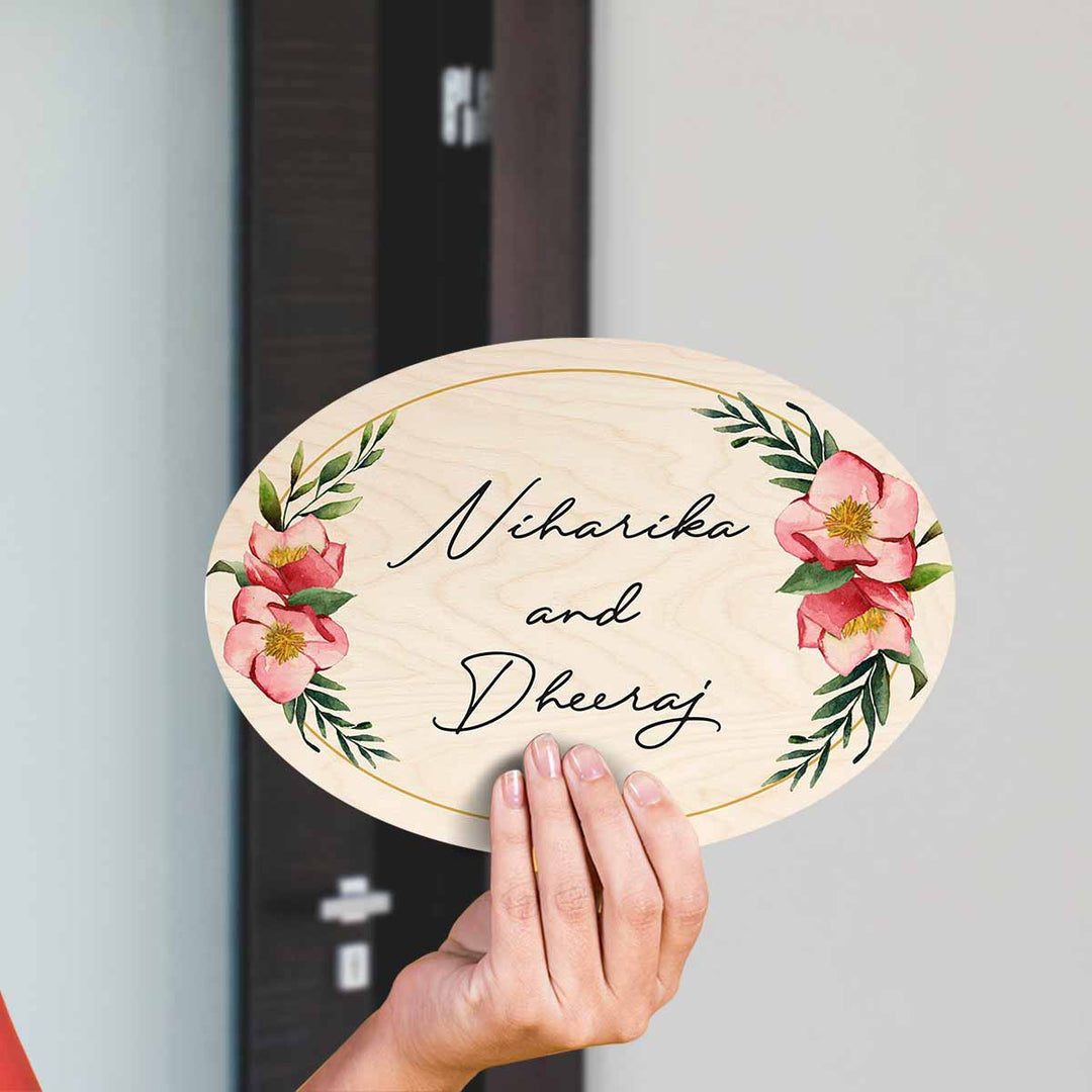 Printed Floral Wooden Oval Nameplate For Family