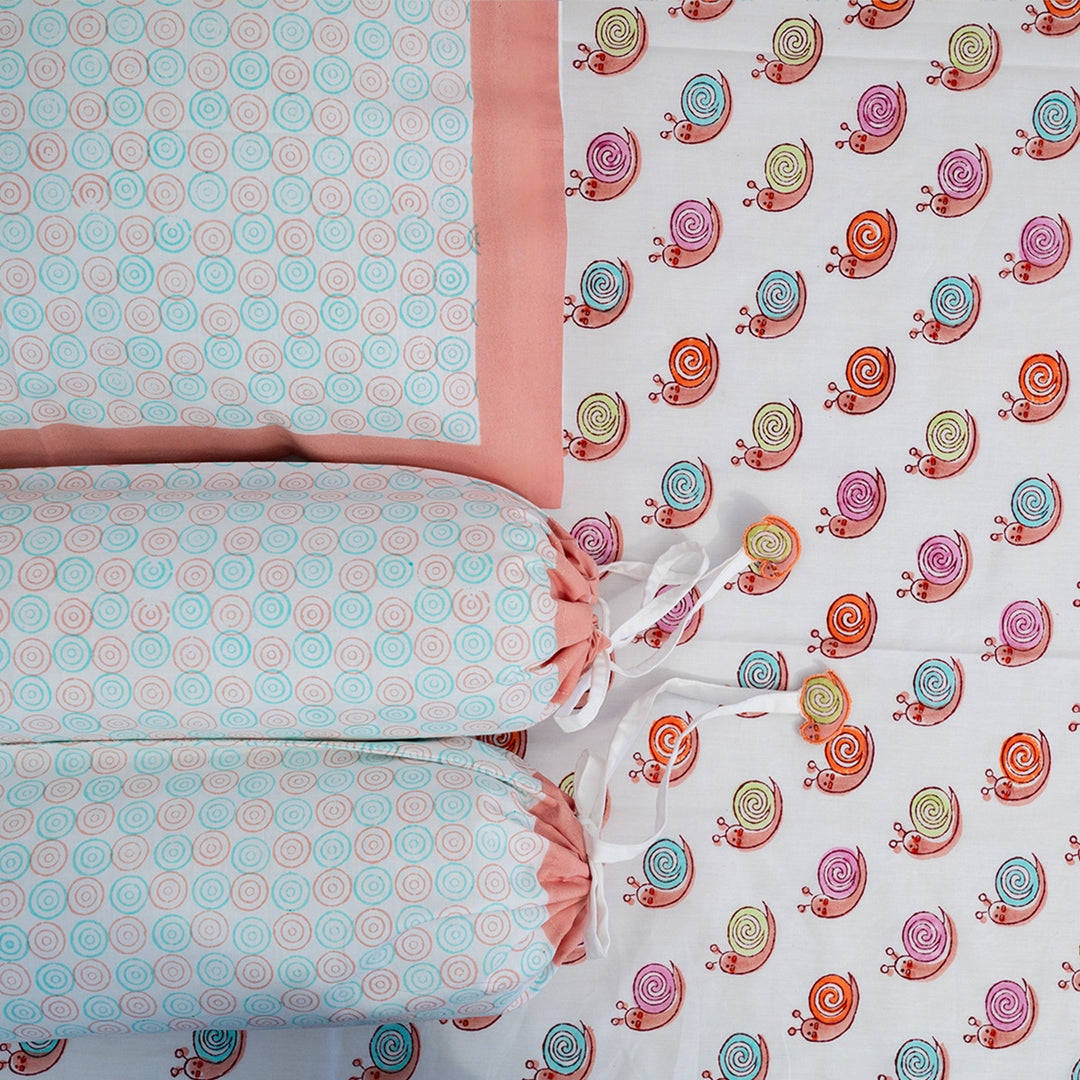 Colorful Snail Hand Block Printed Baby Bedding Cot Set