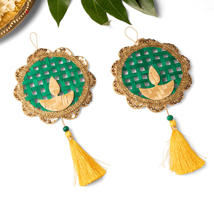 Set of 2 | Deepak Handcrafted Bamboo Diya Wall Hanging For Festive Decor