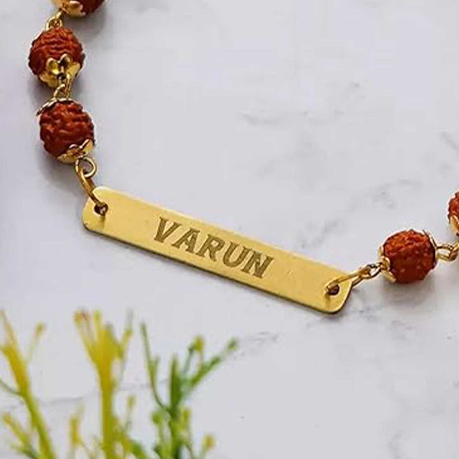 Personalized Handmade Religious Rudraksh Bracelet Rakhi - Name Personalization Close-up