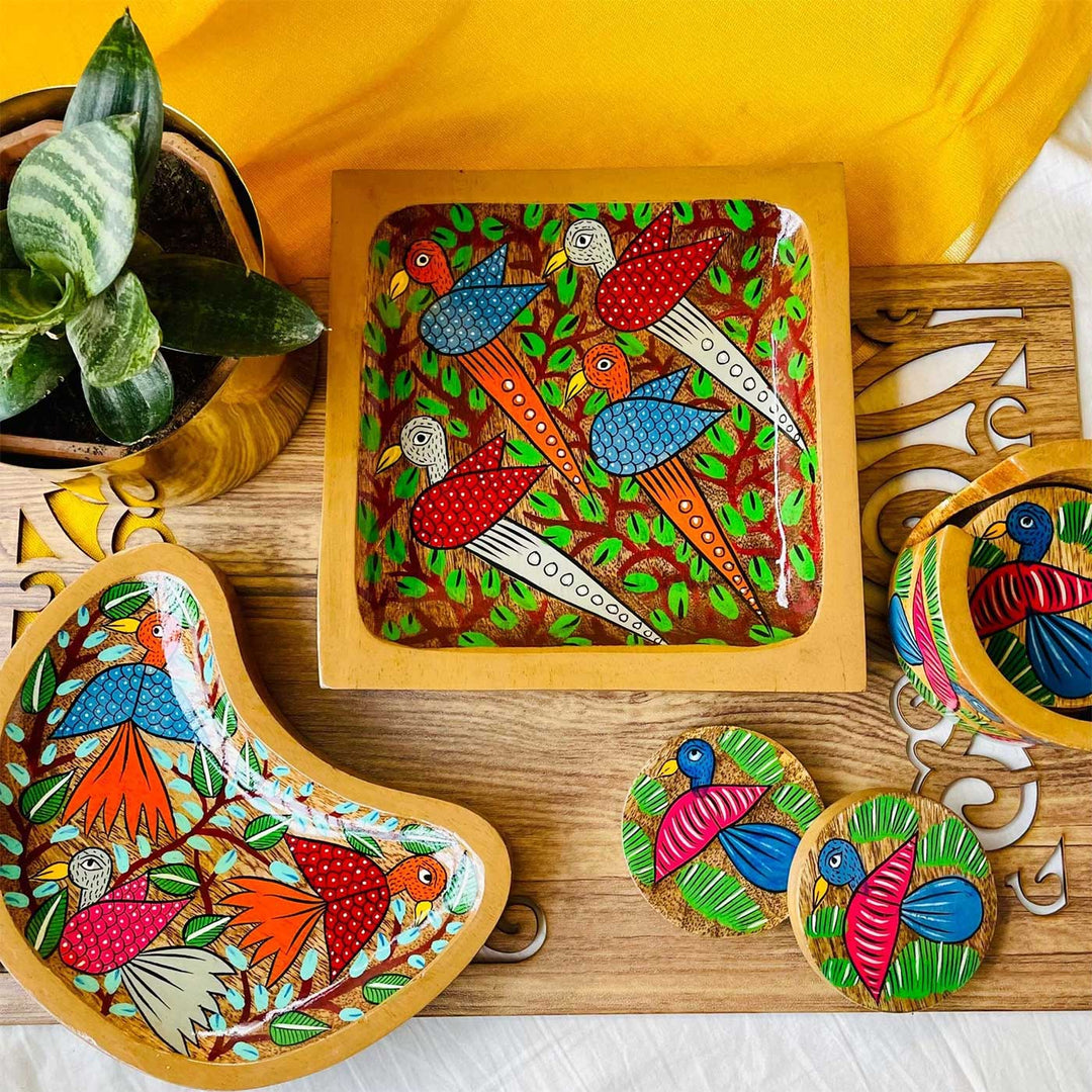 Hand-Painted Pattachitra Chiraiya Wooden Hamper | Set Of 9