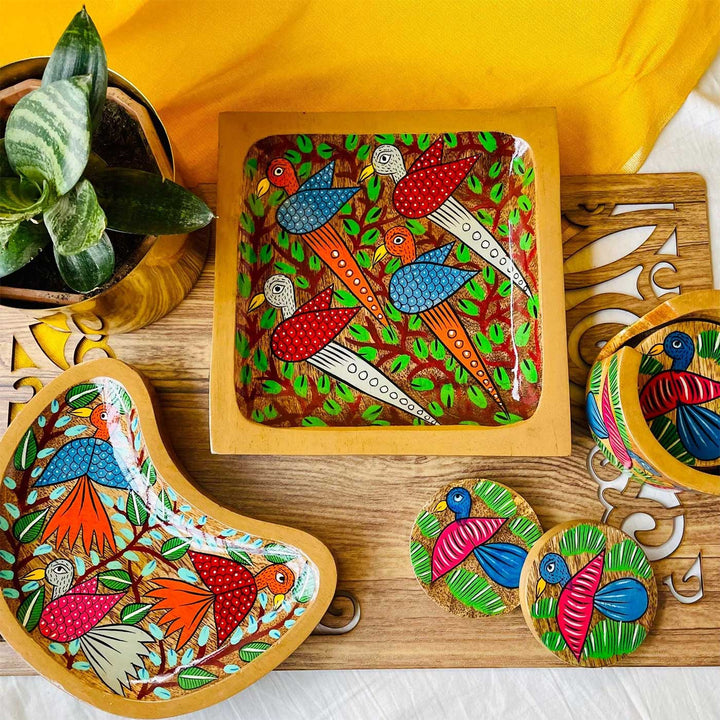 Hand-Painted Pattachitra Chiraiya Wooden Hamper | Set Of 9