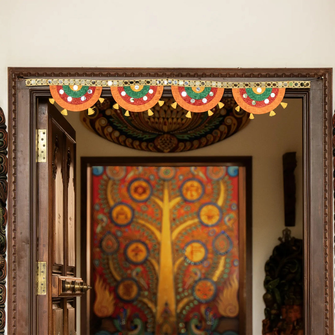 Multicoloured Mirror Embellished Eco-Friendly Handmade Woven Bamboo Toran | 41 Inch x 4 Inch