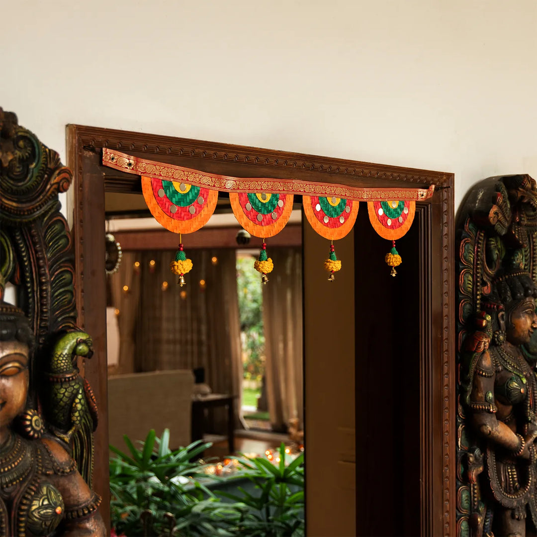 Multicoloured Mirror & Marigold Embellished Eco-Friendly Handmade Woven Bamboo Toran | 41 Inch x 7 Inch