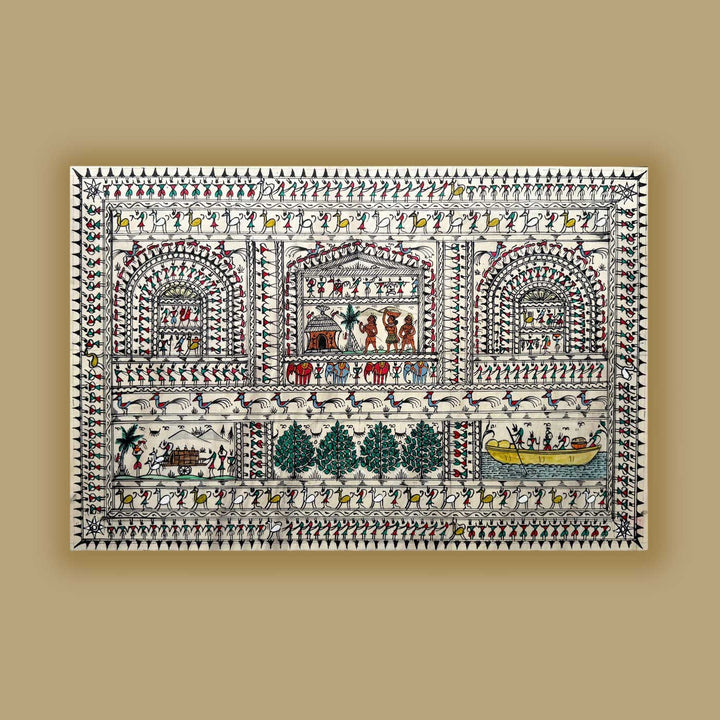 40 X 16 Inch | Handmade Tussar Silk Saura Tribal Art Of Odisha Painting
