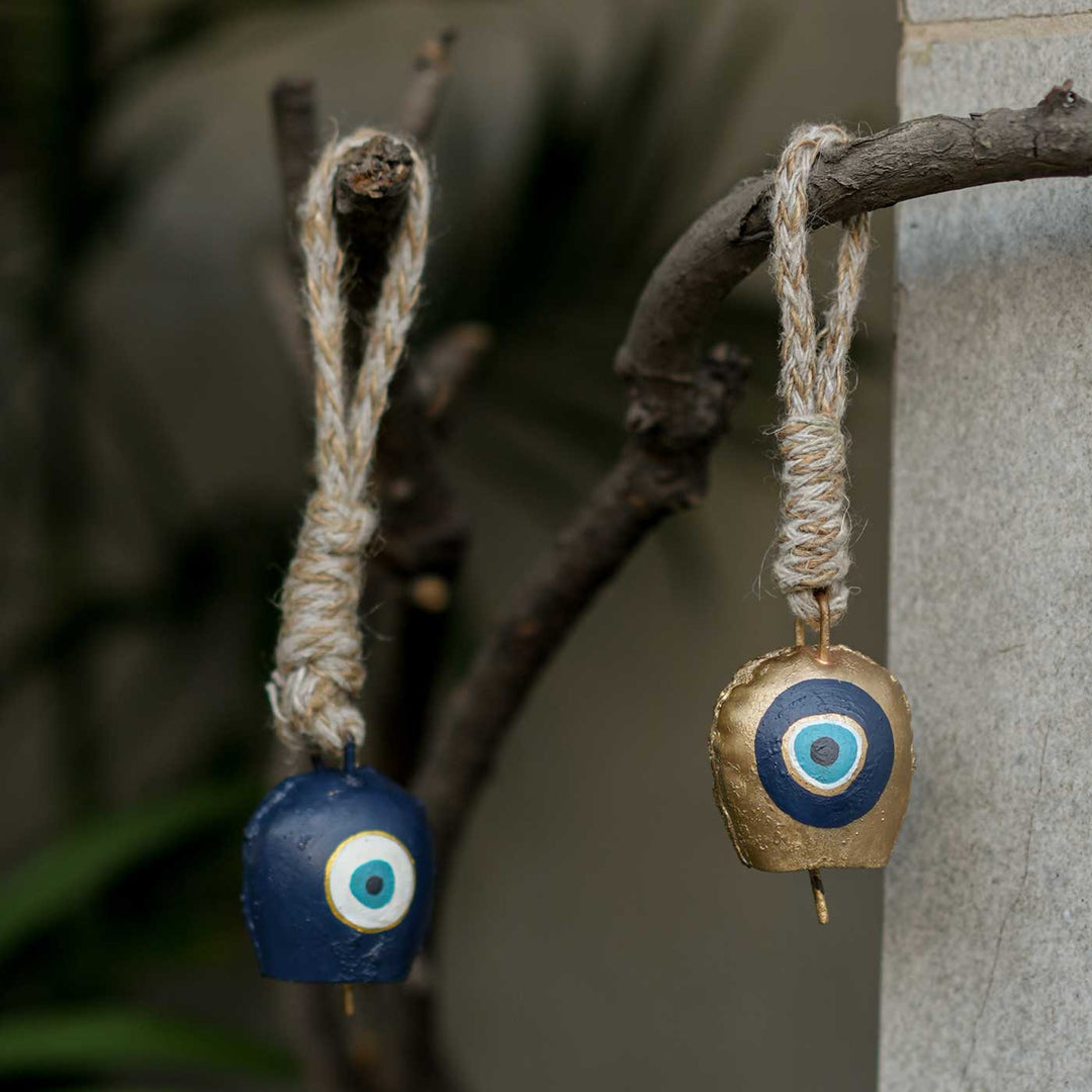 Handmade Divya Drishti Gift Hamper | Includes Evil Eye Door Hanging, Evil Eye Coasters, Evil Eye Candle Stand, Evil Eye Bell Hangings, Seed Card And Outer Box