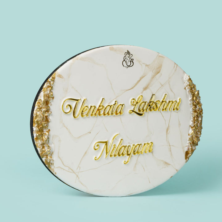 Handmade Resin White & Gold Oval Marbled Name Plate