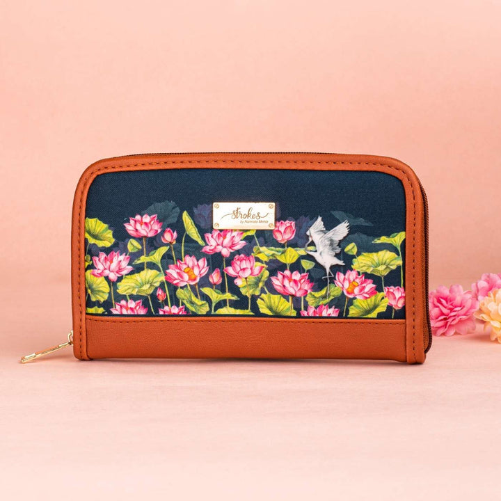 Lotus Field Vegan Leather Zipper Wallet