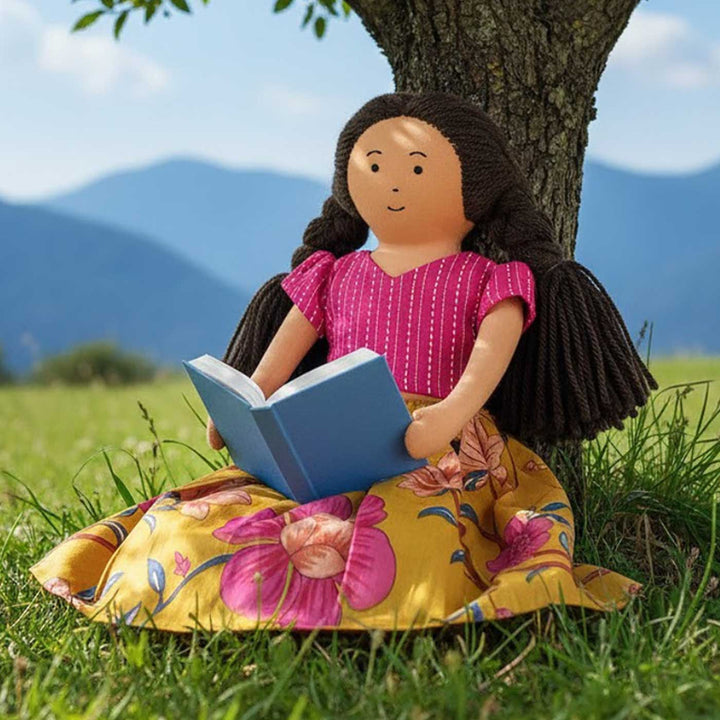 Nilah in Pink & Mustard Dress With Changeable Outfits | Soft Hand-Stitched Sustainable Indian Play Doll