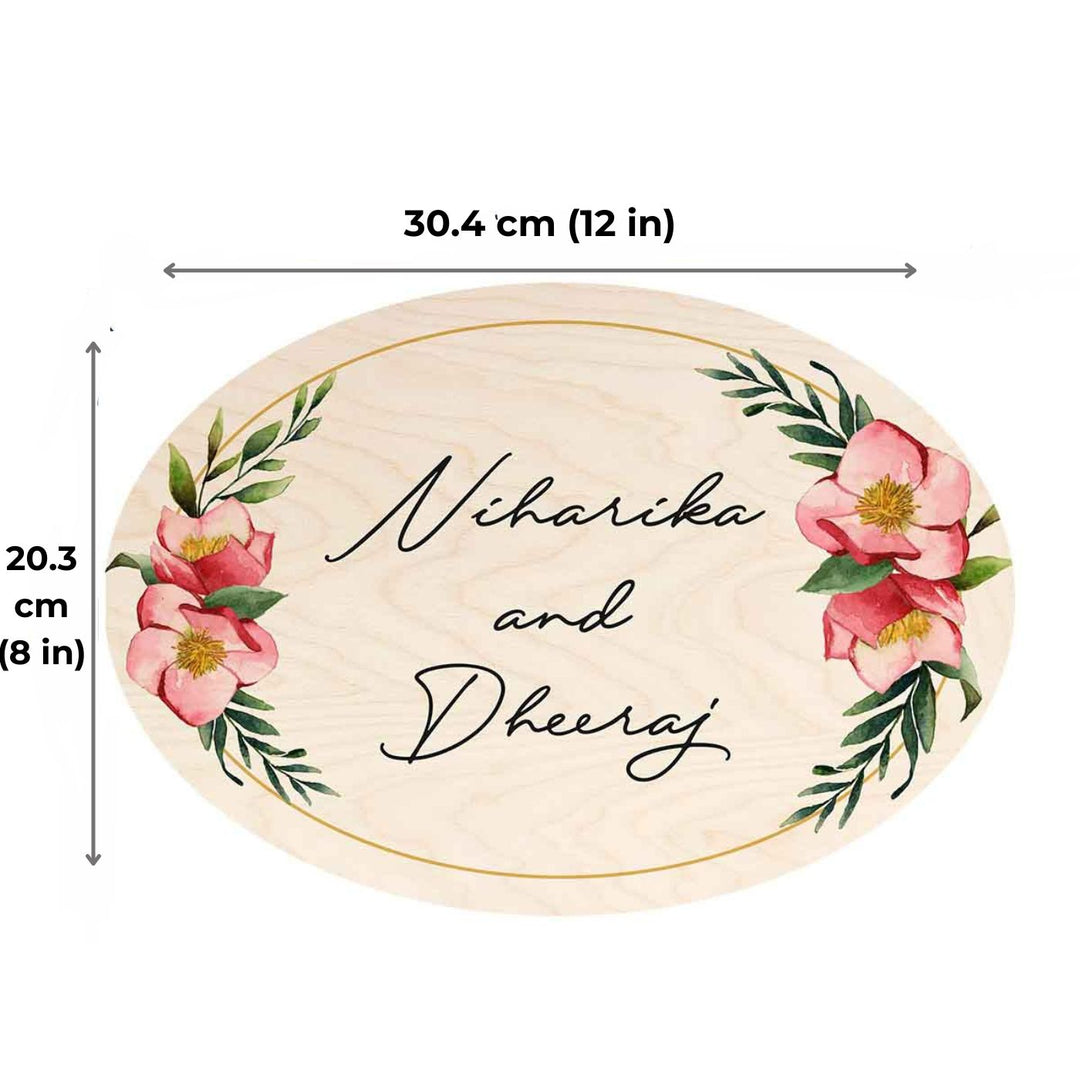 Printed Floral Wooden Oval Nameplate For Couples