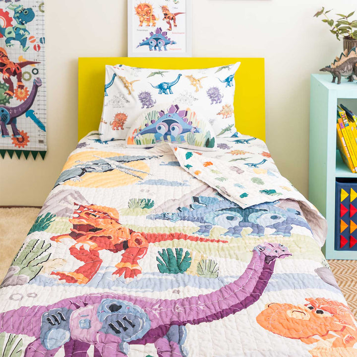 Personalized Dino Goes To School Theme Cotton Quilt For Kids