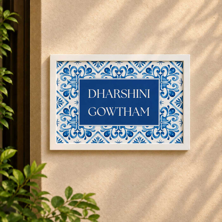 Blue Tile Vintage Personalized Rectangle Resin & Teak Wood Frame Name Plate For Home