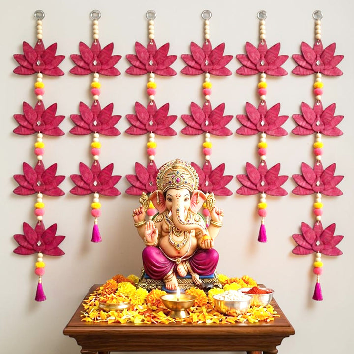 Set of 2 | "Padma" Handcrafted Bamboo Lotus Wall Hanging With Wooden Beads For Festive Decor