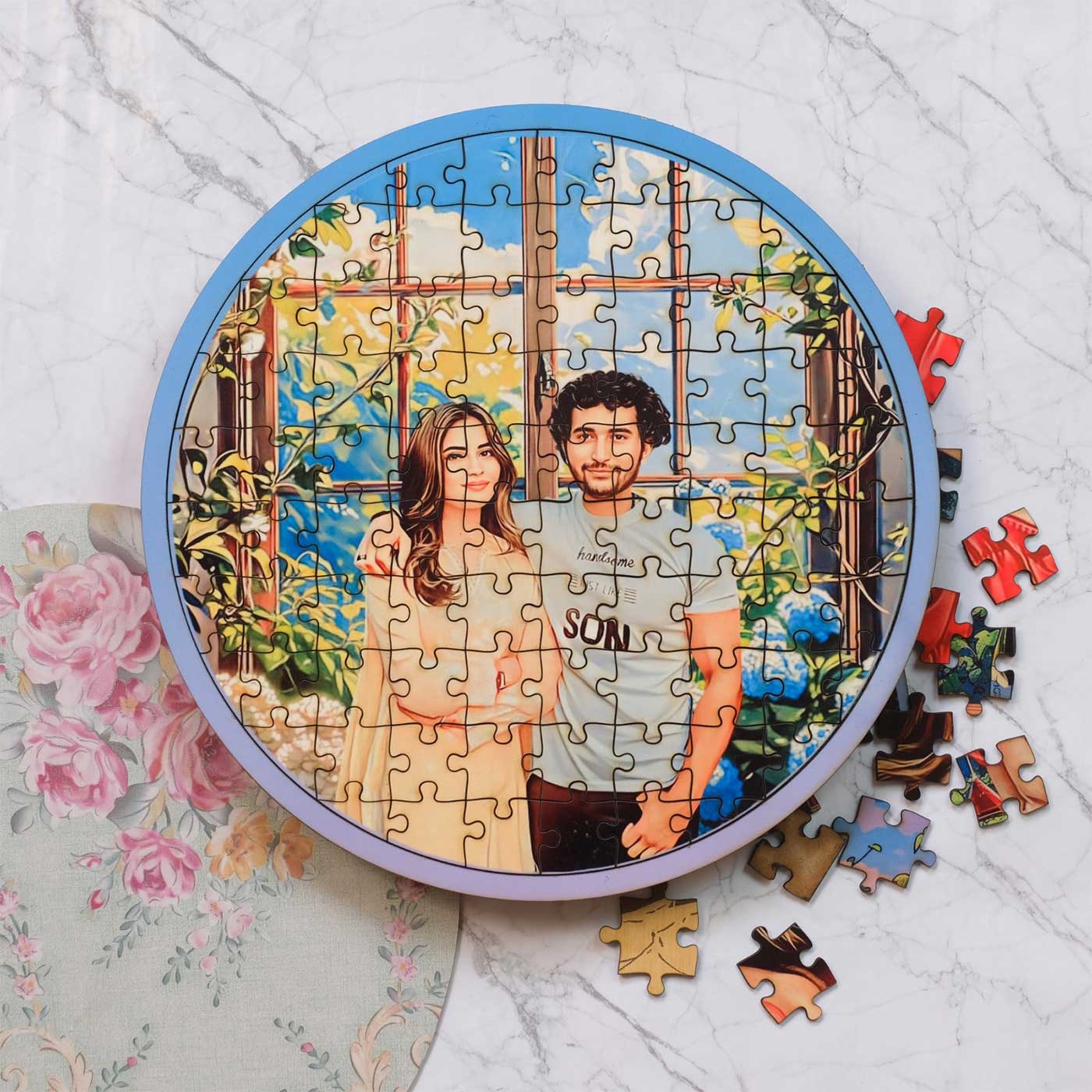 Buy Photo Personalized Round Morning Bloom MDF Wood Puzzle Online On Zwende