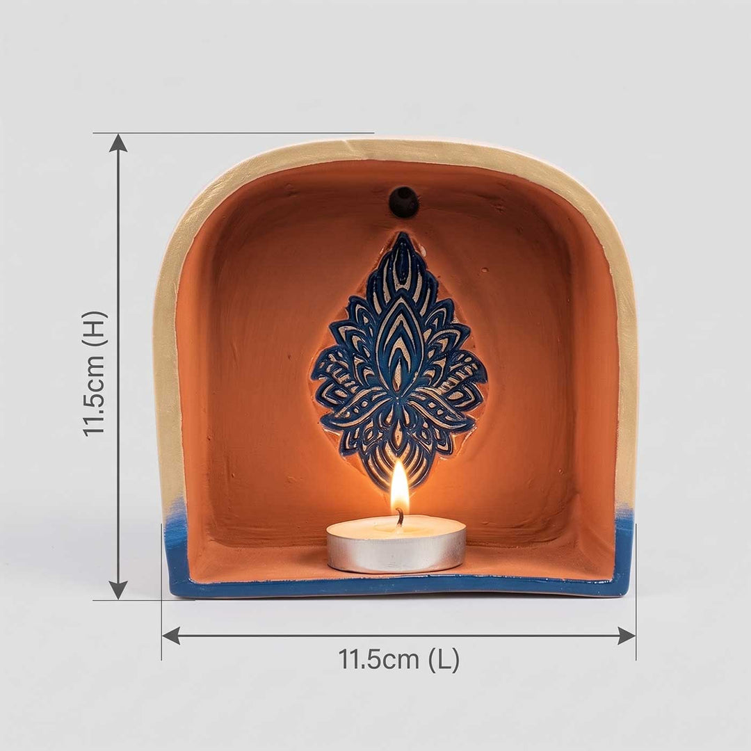 Hand-Painted "Lotus Ember" Arch Terracotta Wall Decor Tealight Holder With Lotus Motif For Festive Decor