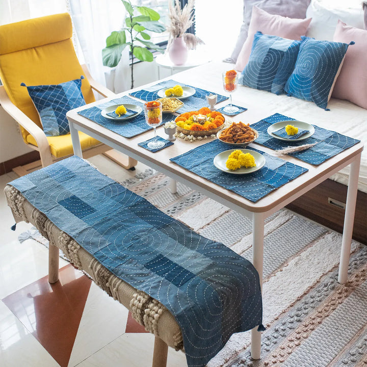 Upcycled Hand Embroidered Denim Spiral Eco-Friendly Table Runner & Mat