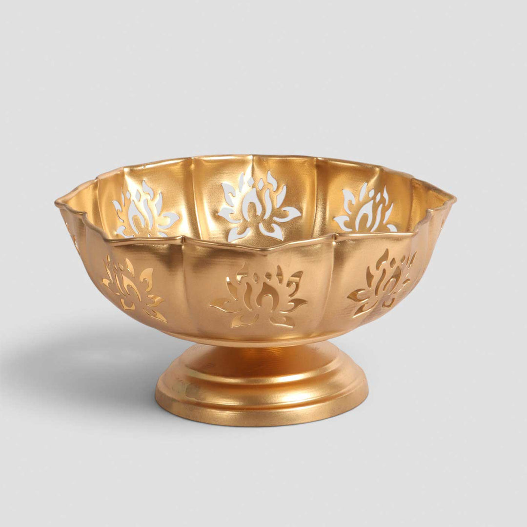 Set of 3 | Handmade Detachable Etched Lotus Cut Bowl Urli With Base For Festive Decor