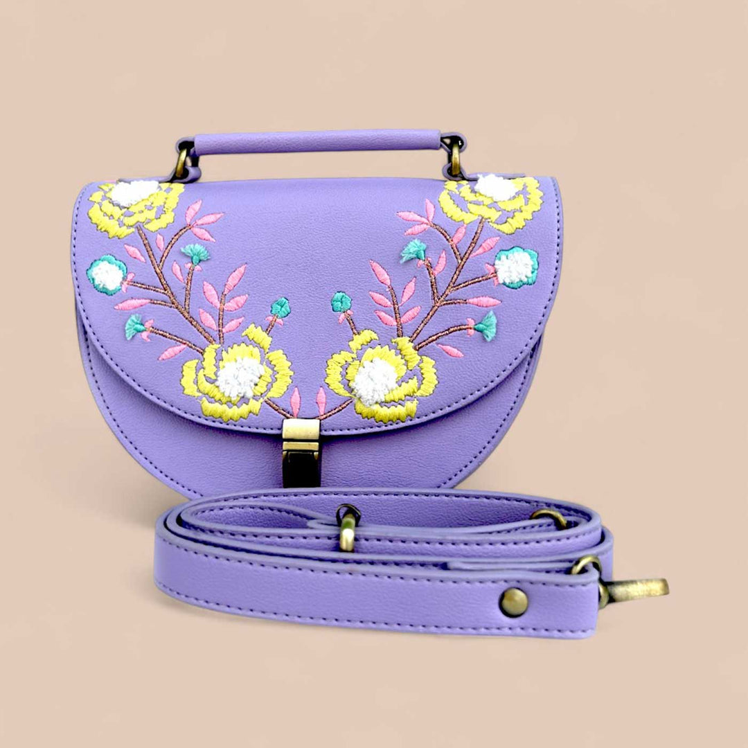 Handmade Embroidered Flower Design Purple Rexine Sling Bag