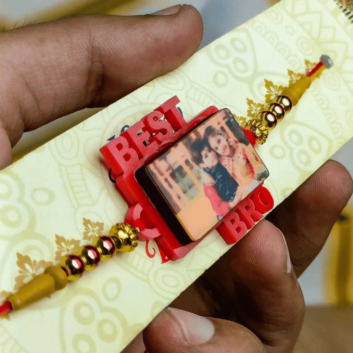 Photo Personalized Handmade Best Bro Rudraksh Rakhi For Brother - Side Angle Showing Thickness