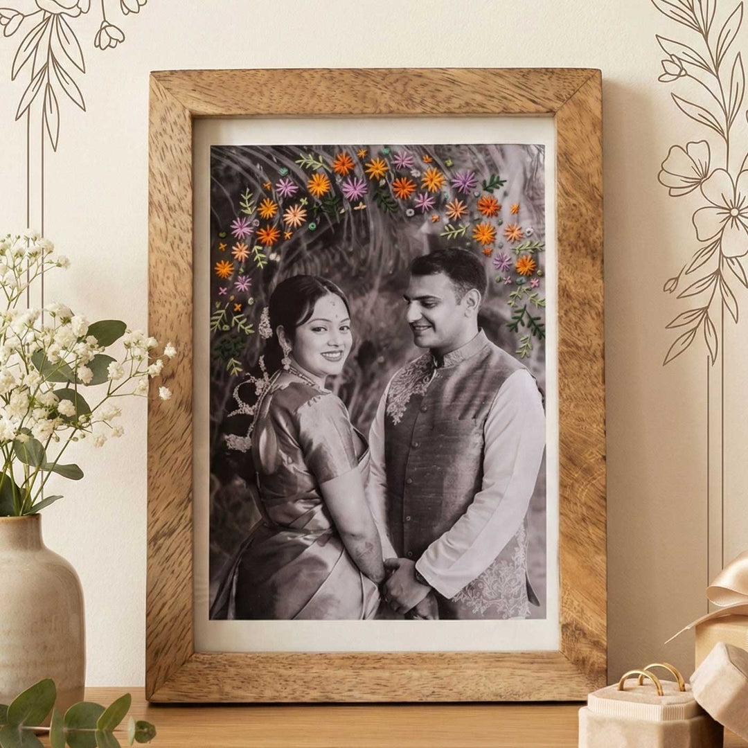 Floral Design Hand Embroidered Photo With Wooden Frame