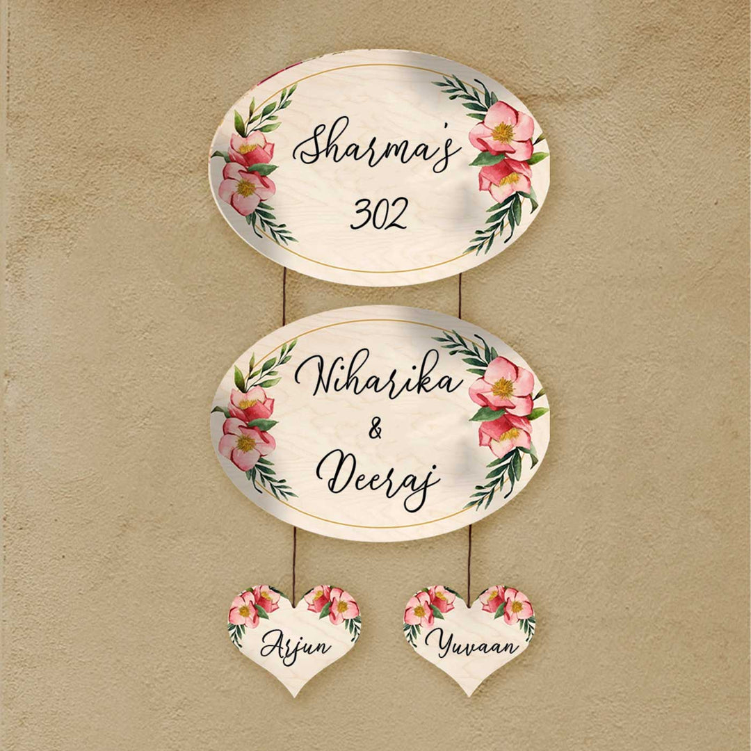 Printed Floral Wooden Oval Nameplate For Family