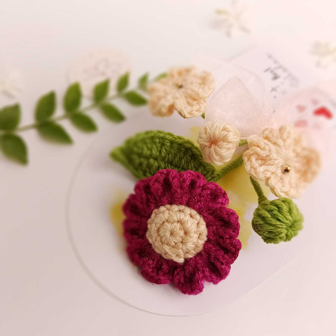 Handmade Crochet 3D Burgundy & Cream Floral Greeting Card
