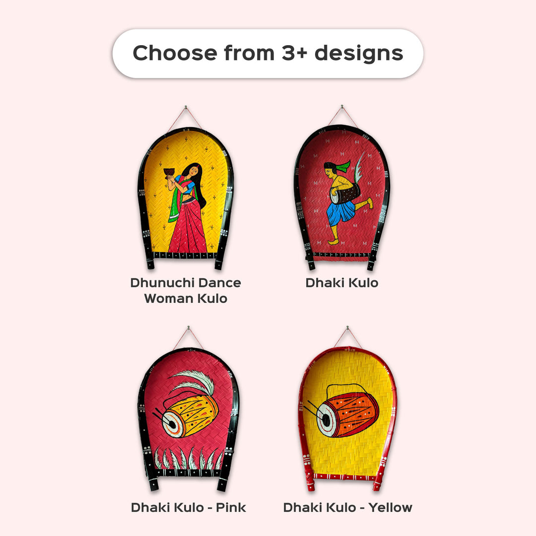 Handpainted Dhak Kulo | Pink Durga Pujo Themed Bamboo Wall Decor