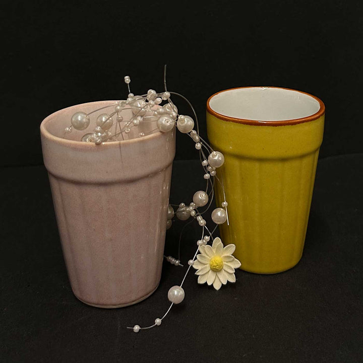 Handmade Riwaayat Duo Rakhi Hamper Includes 1 Marble Lotus 2 Kulhads 1 Candle 1 Kum Kum Chawal 1 Dry Fruit Potli And 1 Set Bhaiya Bhabhi Rakhi - Ceramic Cups Side by Side